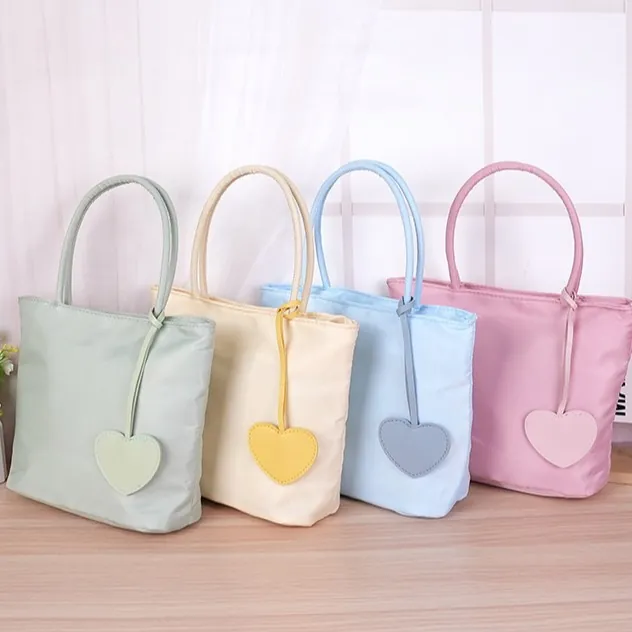 Dopamine Color Nylon Tote Bag With Heart Pendant Minimalist Double Handle Handbag For Women Daily Casual Top Handle Bag