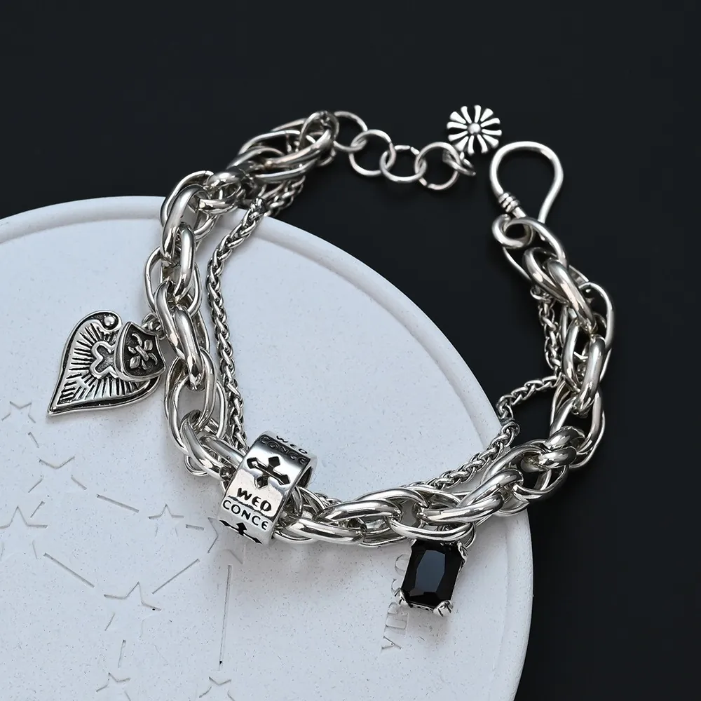 Bracciale Multistrato in Rame Gotico Vintage per Donna Pendente a Croce e Cuore con Zircone Nero Placcato Argento Retro Gioielli