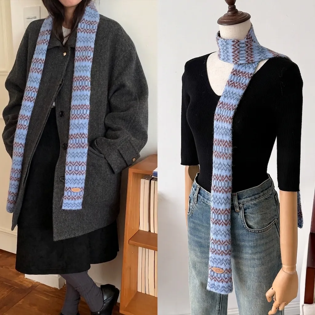 Geometrische Gebreide Smalle Sjaal Voor Dames Heren Retro Lange Dunne Nekwarmer Zachte Kasjmierachtige Warme Wintersjaal