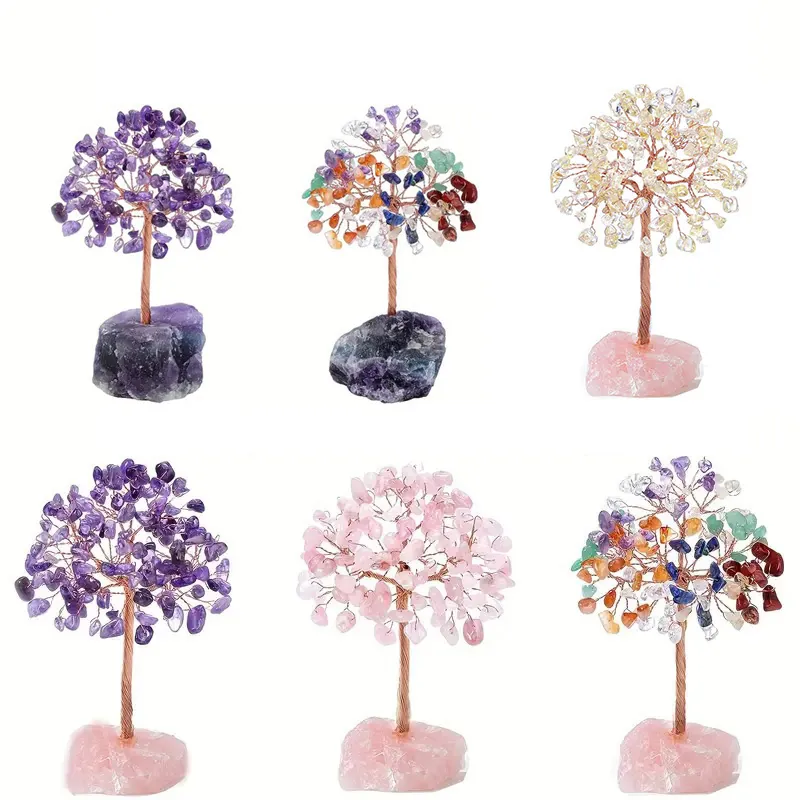 Natural Amethyst Rose Quartz Money Tree Handmade Copper Wire Wrapped Crystal Lucky Tree For Wealth Luck Home Office Table Decoration