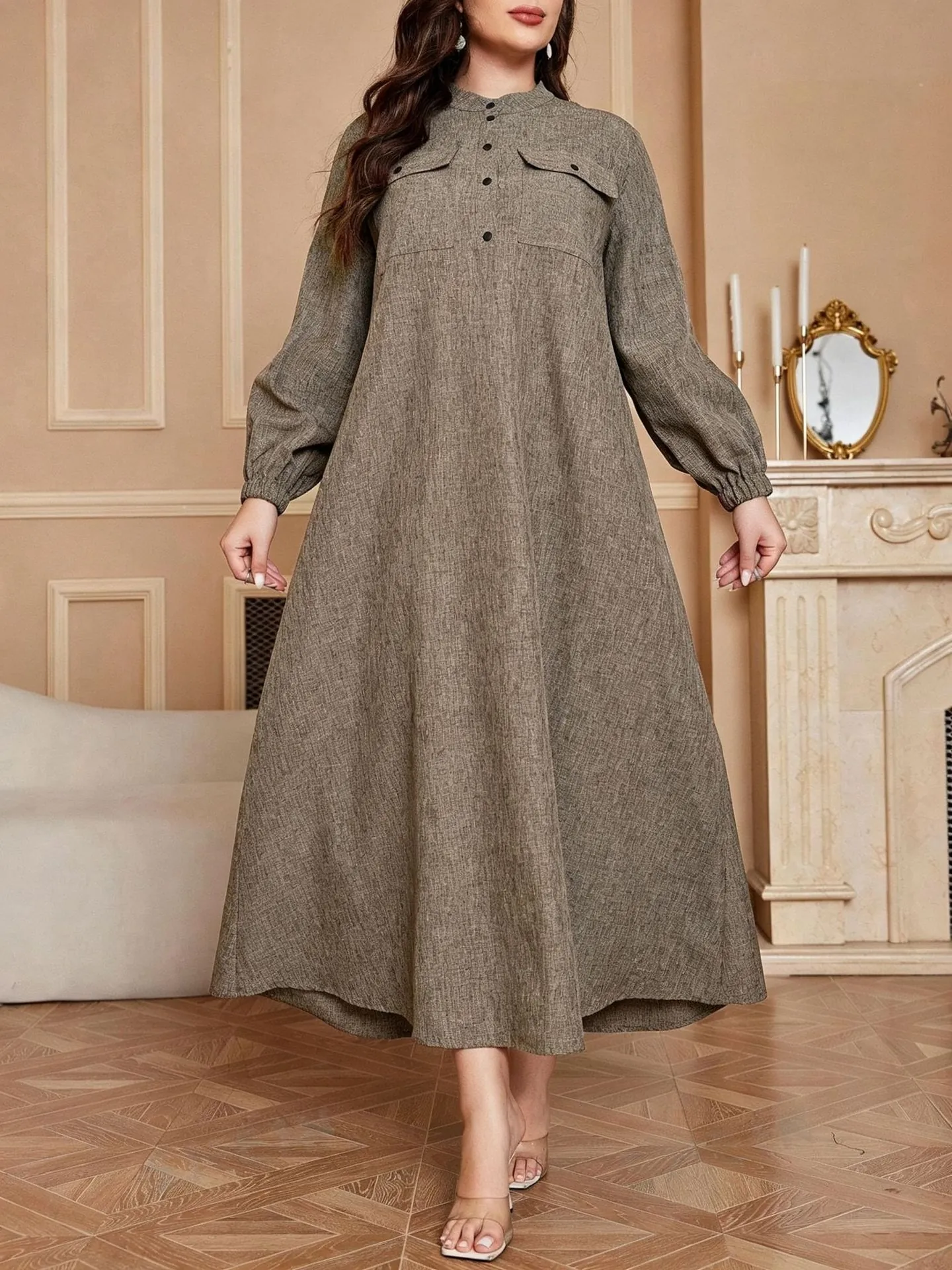 Women Plus Size Maxi Dress Polyester Long Sleeve Abaya Robe Loose Fitting Stand Collar Button Pocket Modest Casual Dress