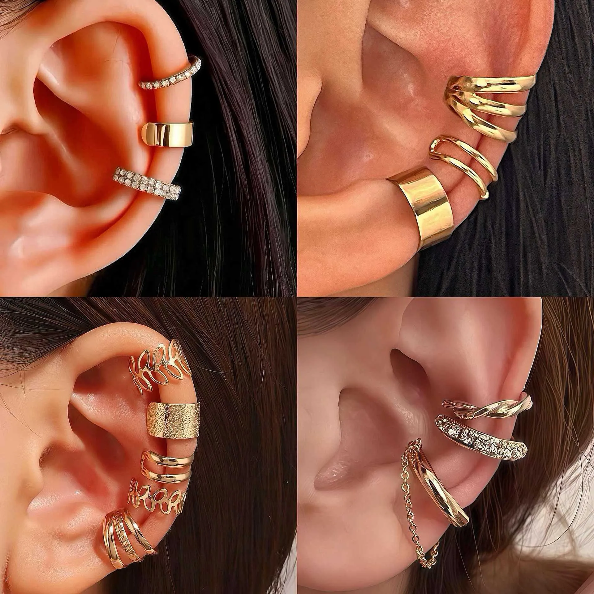 Vintage C-Shape Ear Cuffs For Women Non-Pierced Hollow Leaf Matte Frosted Alloy Metal Clip Earrings Fashion Jewelry Gold Silver Black