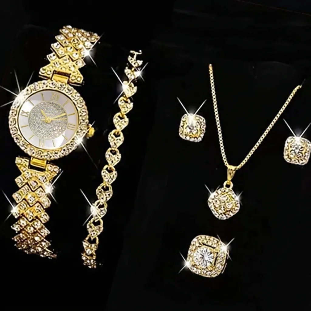 Montre Luxe Femme Strass Alliage Quartz Collier Bracelet Boucles Oreilles Bague Bijoux Mode Élégants Cadeau Femme
