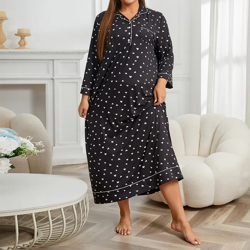 Women Plus Size Nightgown Long Sleeve Heart Print Sleepwear Revere Collar Button Down Loungewear Polyester Elastane Nightdress
