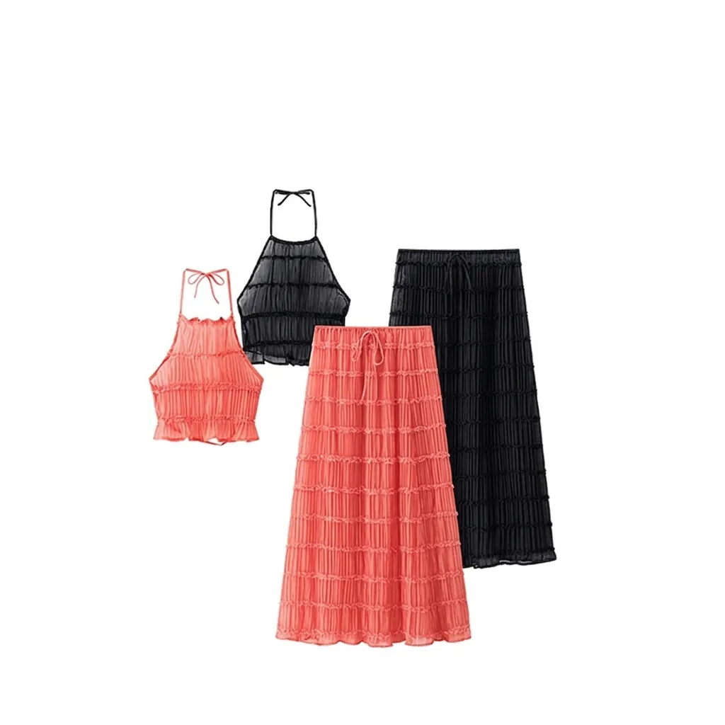 Conjunto Elegante de Verano para Mujer Top de Algodón Plisado con Halter y Falda Midi Fruncida Espalda Descubierta