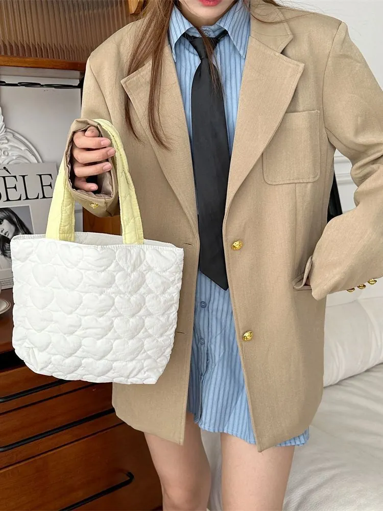 Süße Gesteppte Herz Handtasche Für Damen Baumwolle Weiche Tote Bag Studenten Lunchbox Tasche Shopping Aufbewahrung Handtasche