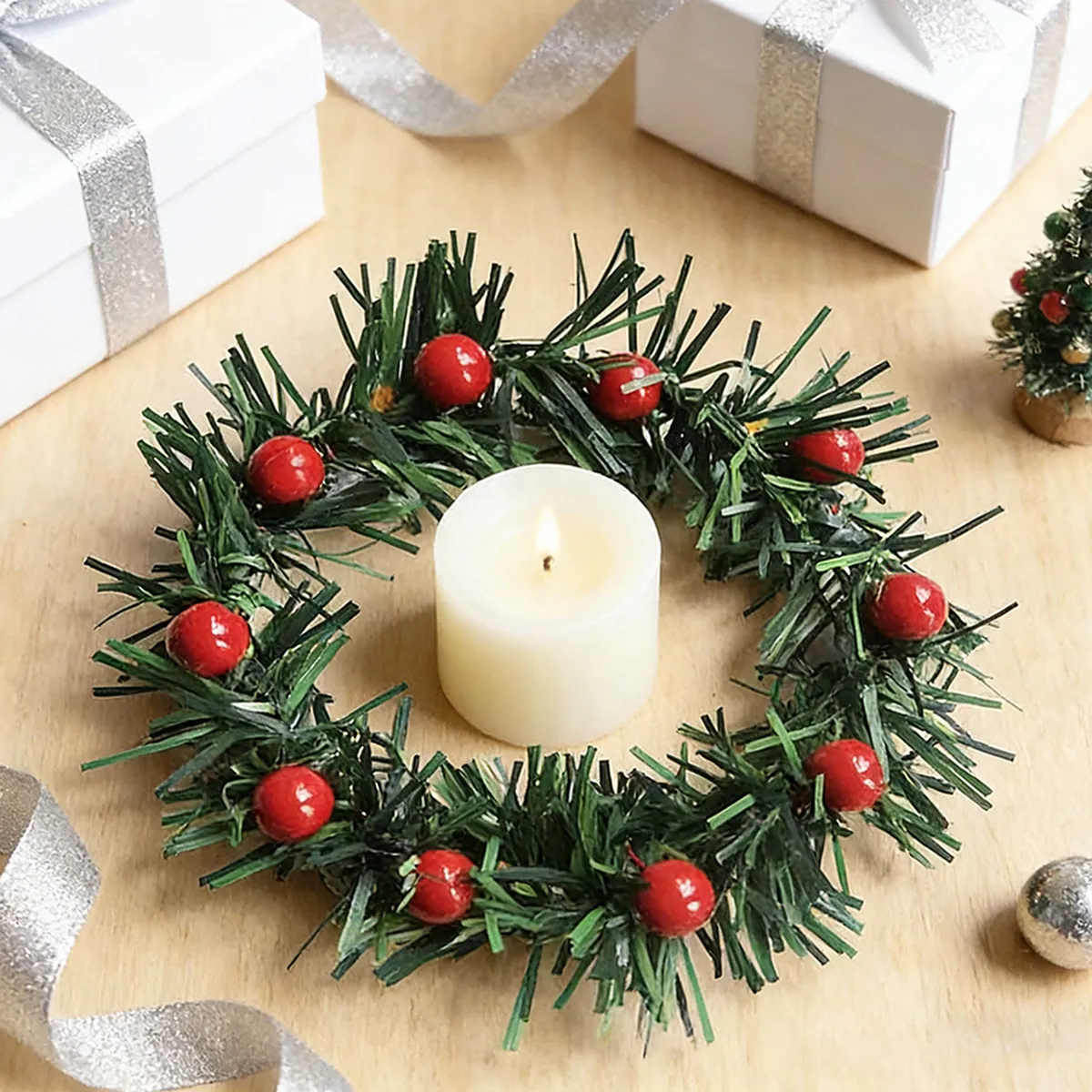 Christmas Mini Wreath Candle Ring Artificial Pine Needle Red Berry Decoration For Table Cabinet Xmas Ornament Bowknot Hanging Decor