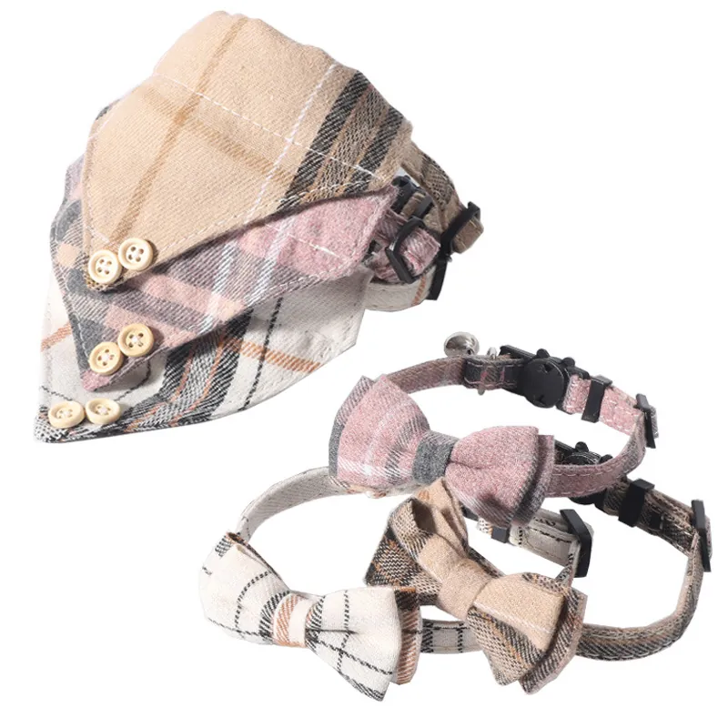 British Plaid Pet Collar Bandana Set With Bowtie And Bell Adjustable Fabric Neck Strap For Cats Small Dogs Everydays Decoration
