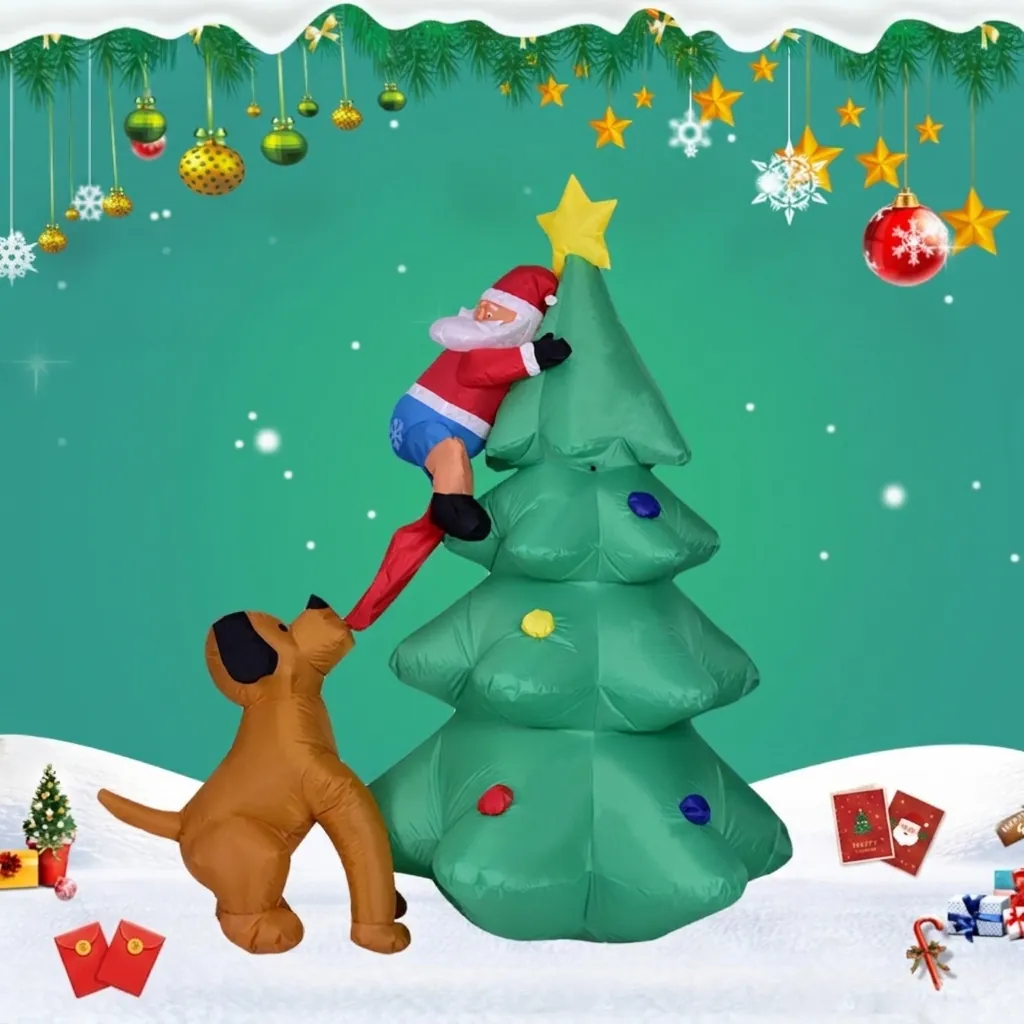Tall Inflatable Christmas Decoration Outdoor Santa Claus Climbing Tree Bitten by Dog Funny Lawn Ornament LED Light Polyester Holiday Display
