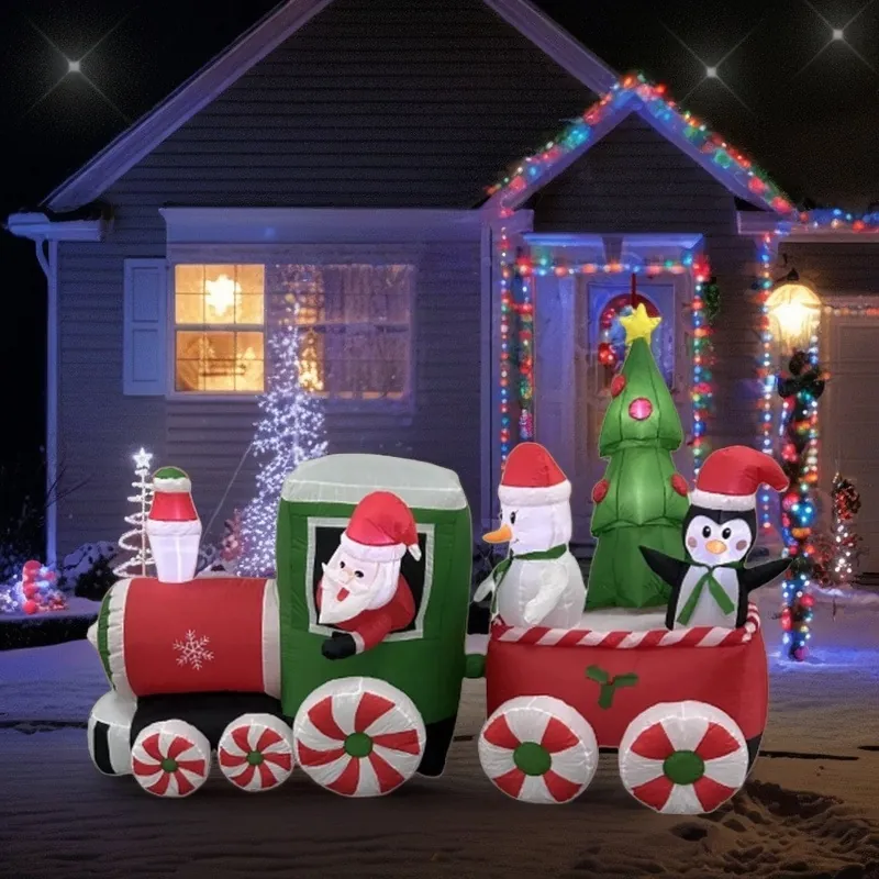 Large Christmas Inflatable Train With Santa Claus Snowman Penguin LED Lights Outdoor Yard Garden Party Decoration Inflatable Model