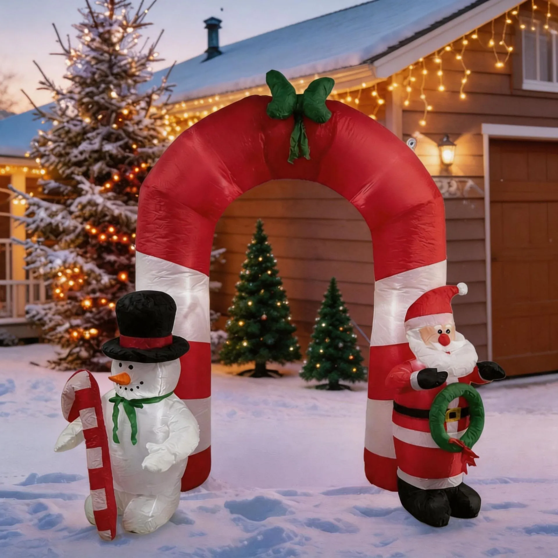 Riesiger Aufblasbarer Weihnachts Bogen Weihnachtsmann Schneemann Mit LED Licht Süßigkeiten Streifen Outdoor Hof Dekoration Festliches Party Requisit