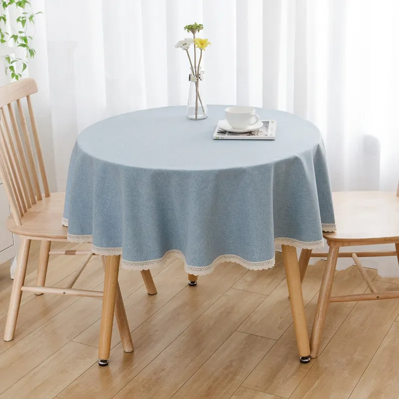 Runde Tischdecke Wasserdicht Ölbeständig Waschfrei Polyester Leinenoptik Spitzenbesatz Modern Minimalistisch Home Dekor