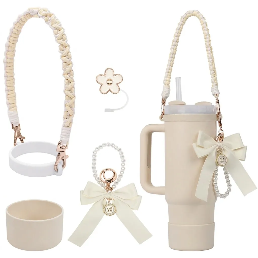 Elegante Funda de Plástico para Vaso Correa de Asa Tejida Con Llavero de Lazo de Perlas Artificiales Cubierta de Pajita Floral Accesorio Decorativo para Botella de Agua Aislada