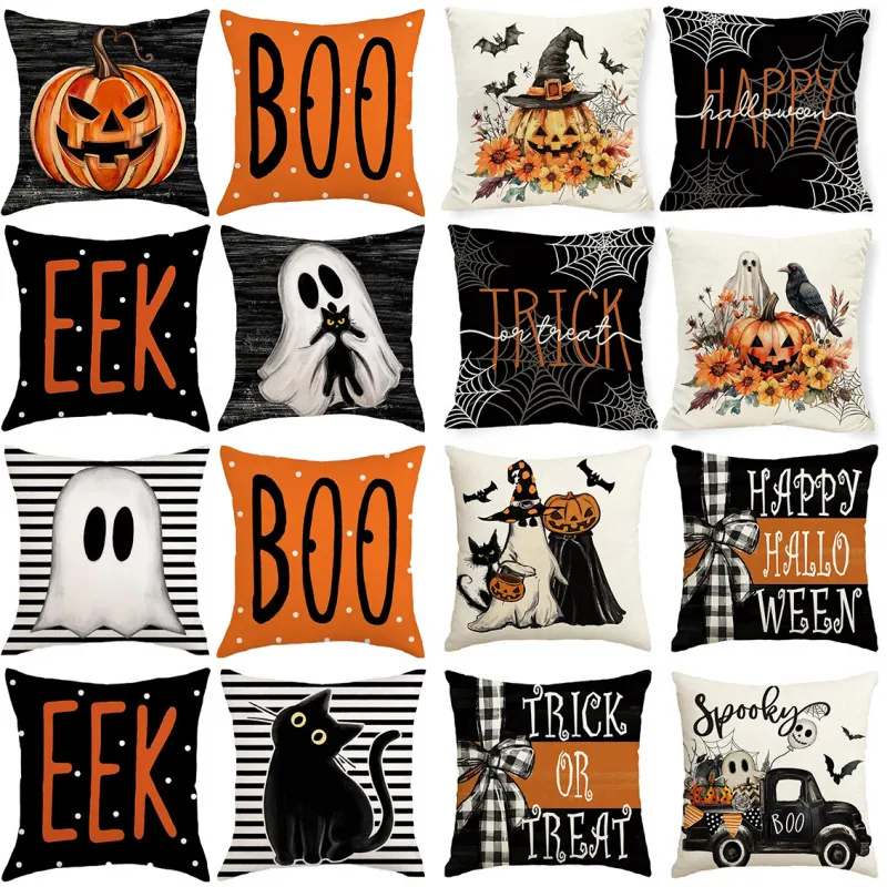 Halloween Kissenbezug Polyester Geist Kürbis Skelett Bedruckt Kissenhülle Für Wohnzimmer Sofa Zuhause Festliche Deko