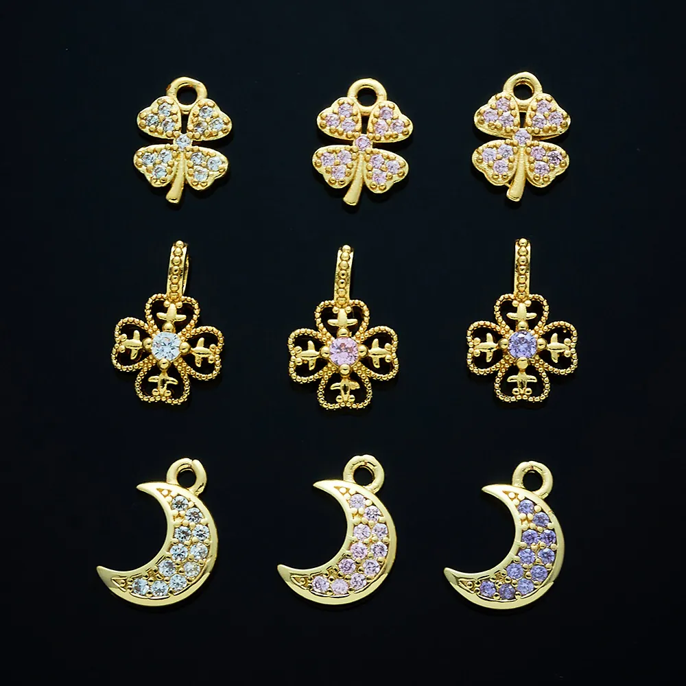 Pendenti in Rame Placcato Oro 18K con Zirconia Ciondoli a Forma di Trifoglio Fiore Luna per Creazione di Collane e Bracciali Fai da Te Accessori Gioielli Donna