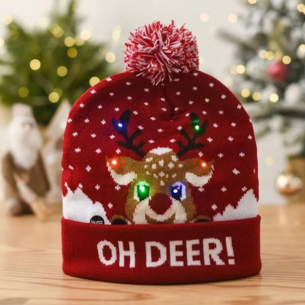 LED Weihnachten Beanie Mütze Rentier Weihnachtsmann Schneemann Muster Strickmütze Bunte Lichter Xmas Party Damen Herren Kinder