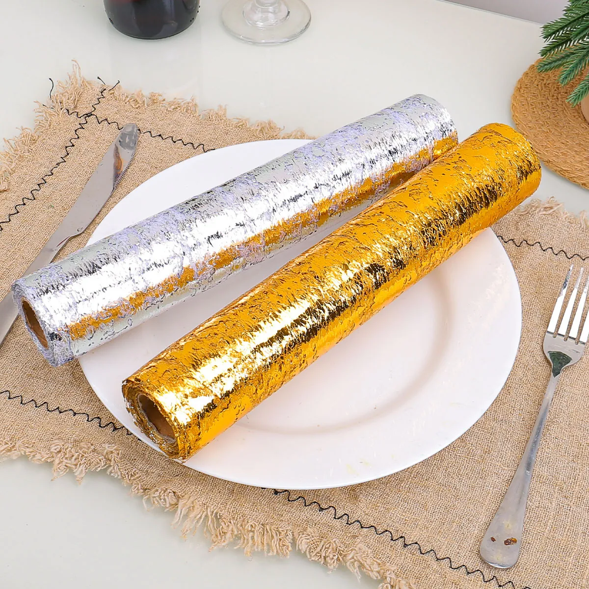 Bronzing Polyester Mesh Roll Table Runner Glitter Foil Mesh Fabric For Wedding Party Festival Table Decoration Gold Silver