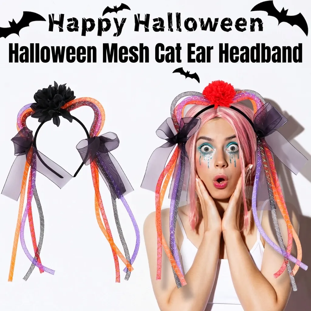Halloween Mesh Cat Ear Headband With Braids Funny Party Costume Hair Hoop Sequin Ribbon Flower Headwear Dress Up Dress Accessory