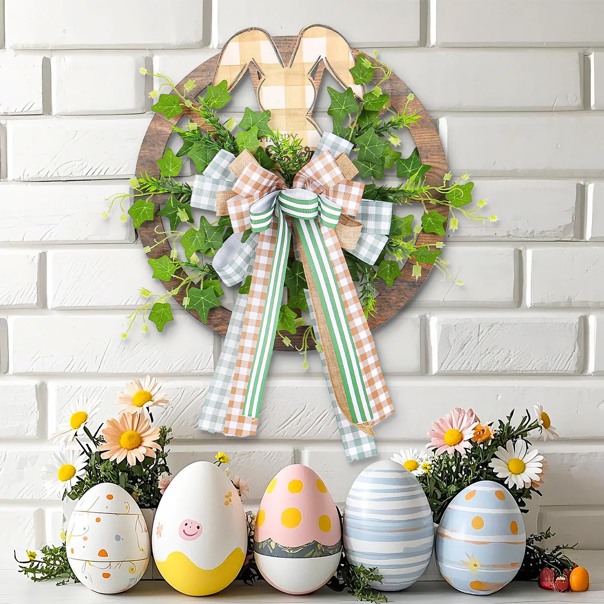 Couronne de Roue de Wagon de Lapin en Bois de Pâques Noeud à Carreaux Verdure Artificielle Décoration de Porte