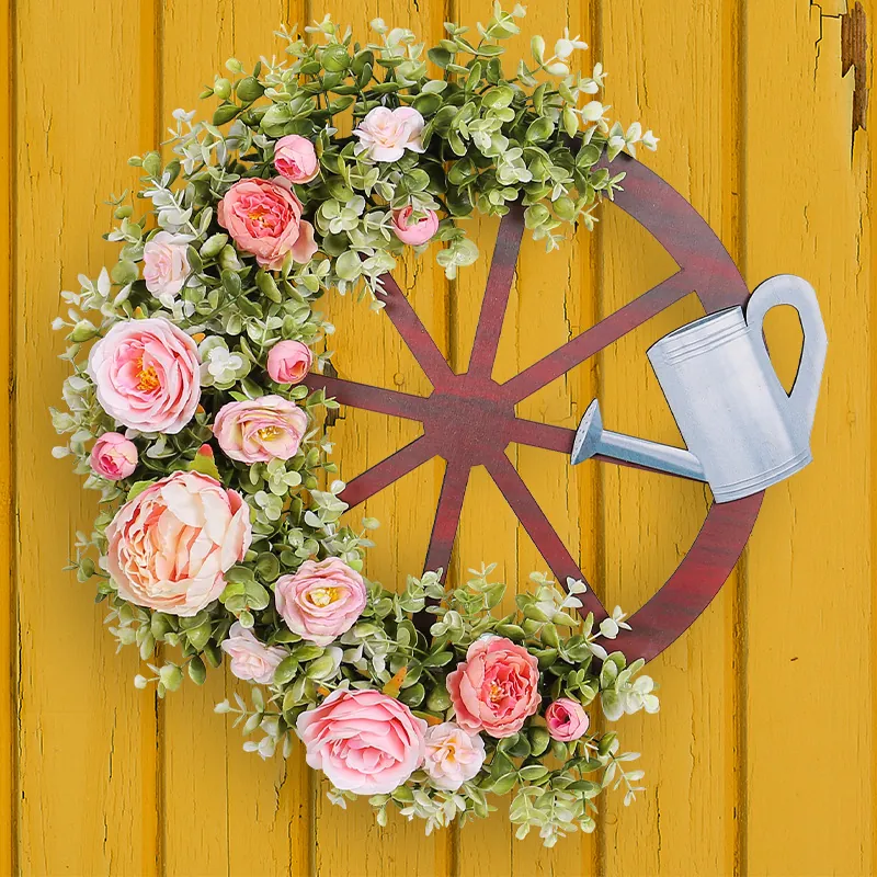 Lente Gieter Wiel Krans Landhuis Hout Plastic Stof Bloemen Slinger Voor Voordeur Buiten Tuin Huis Wanddecoratie