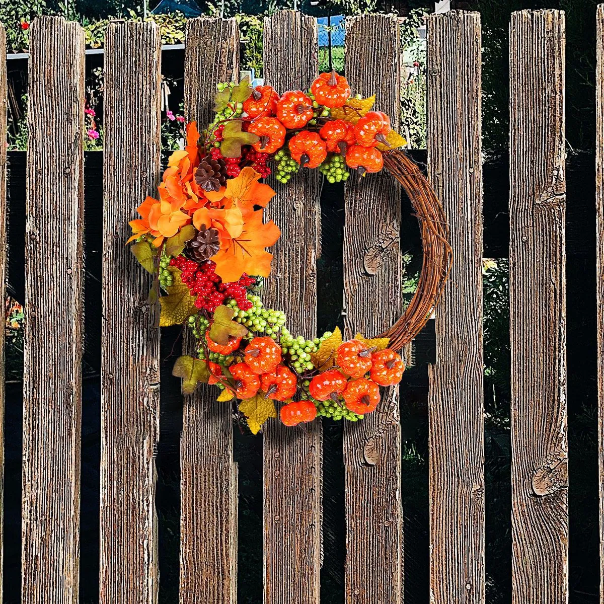 Guirlanda de Calabaza de Otoño Acción de Gracias Hojas de Arce Piñas Ratán Adorno de Puerta para Decoración de Hogar Fiesta