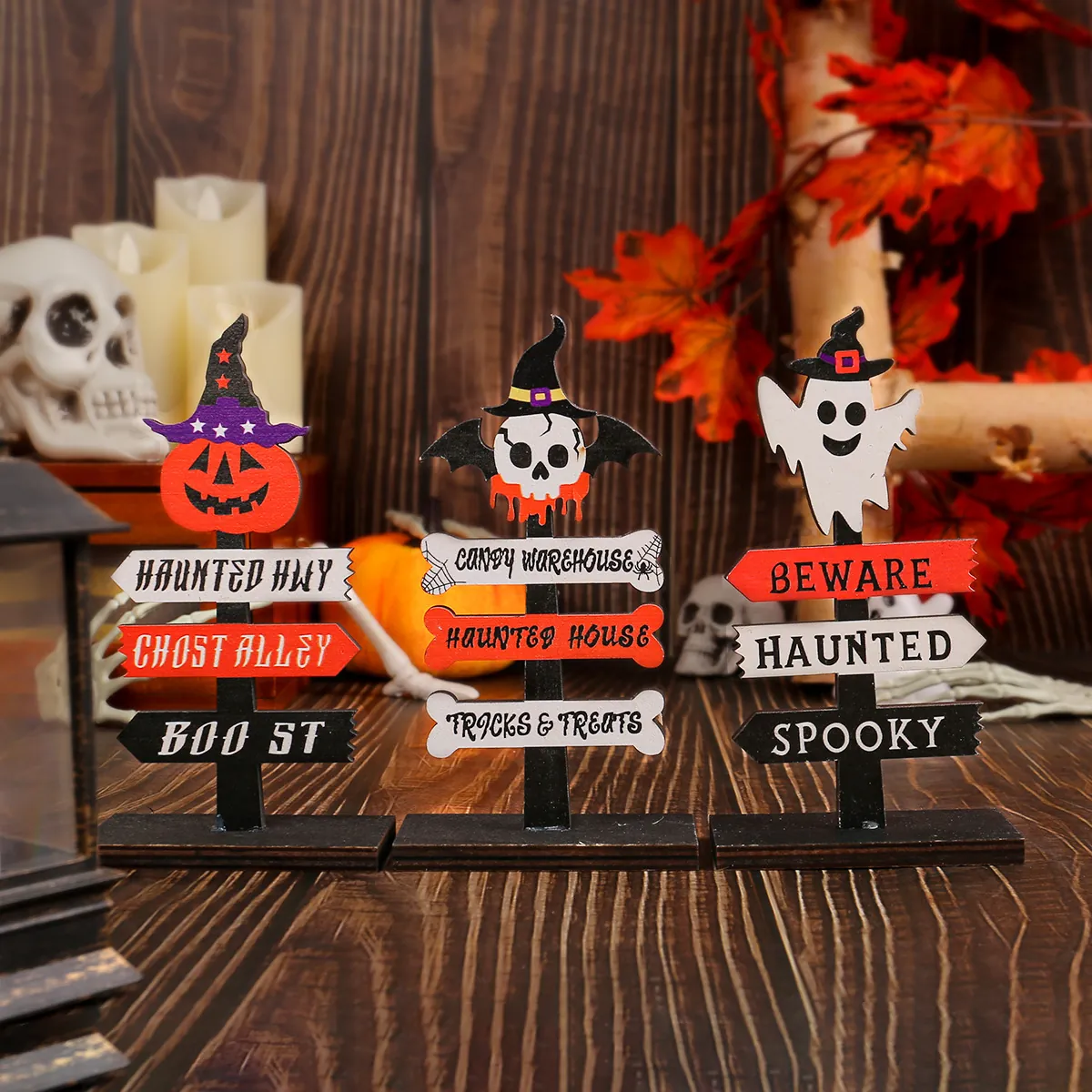 Halloween Wooden Sign Desk Ornament Cute Pumpkin Skull Ghost Signpost Tabletop Decoration For Festive Party Home Decor