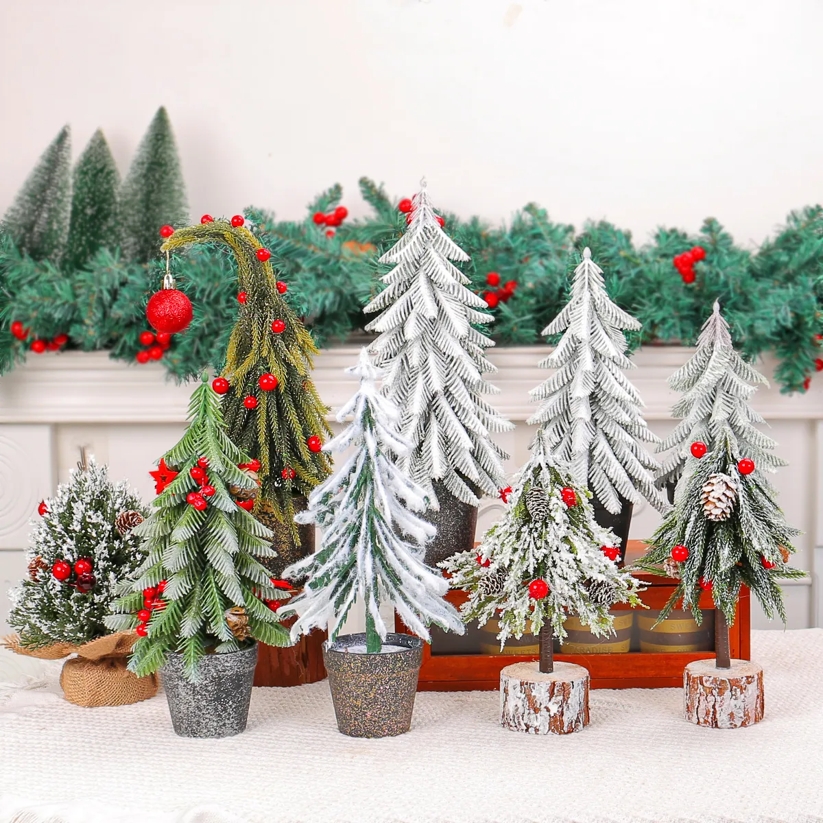 Mini Tabletop Artificial Christmas Tree Decoration For Home Office Desk Festive Party Ornament With Red Berries Pine Cones Snowy Effect