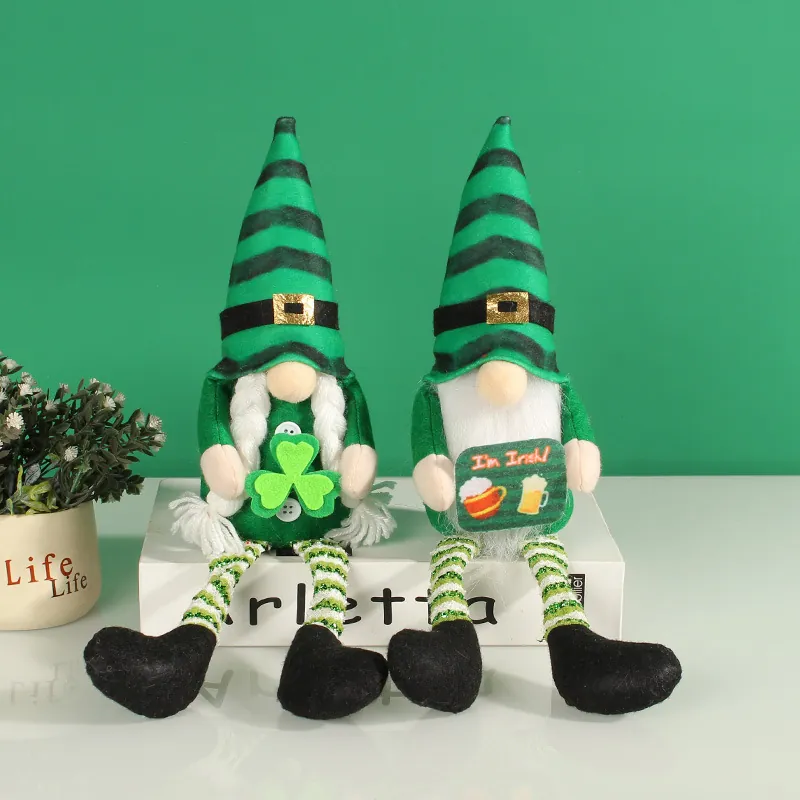 St. Patrick's Day Gnome Decor Irish Green Black Striped Long Leg Plush Faceless Doll Shamrock Ornament For Home Party Gift