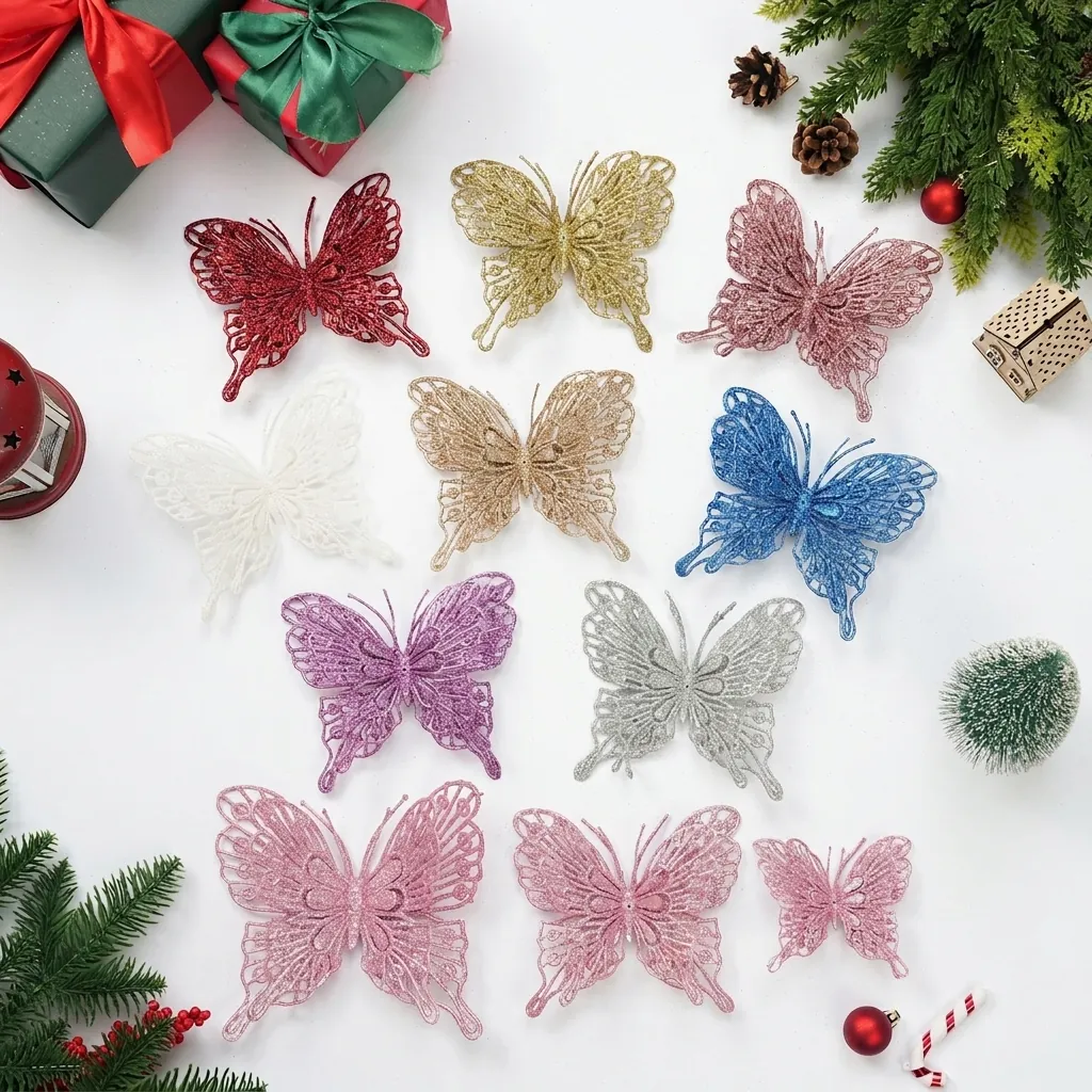 Weihnachten Große Schmetterling Deko Glitzer Hohl Doppelschicht Schmetterling Für Weihnachtsbaum Kranz Zuhause Urlaub Deko
