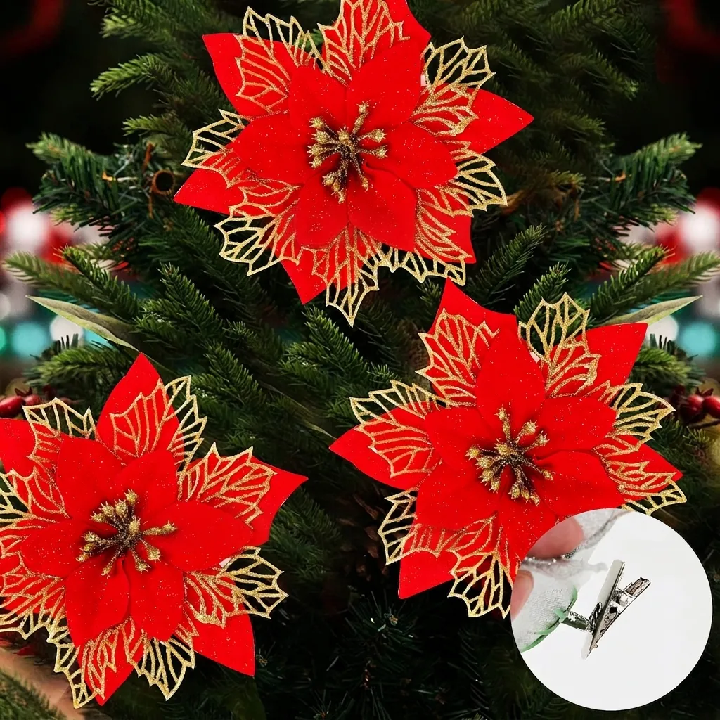 Fiori Artificiali di Stella di Natale Con Glitter Plastica Seta Finto Fiore per Decorazione Albero di Natale Corona Festa Ornamento