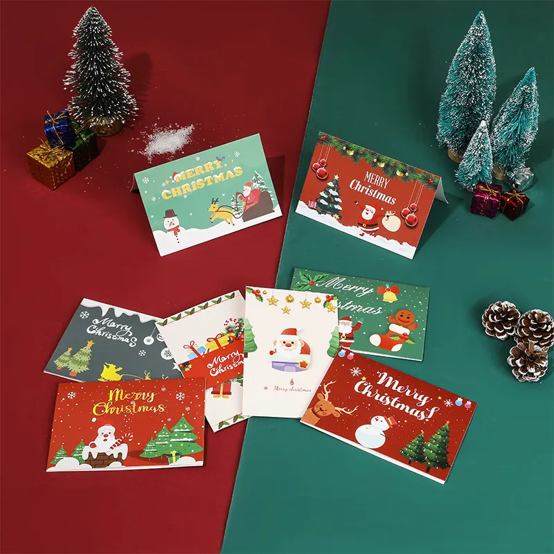 Ensemble de Cartes de Vœux de Noël Père Noël Bonhomme de Neige Renne Design de Dessin Animé Cartes de Bénédiction de Vacances Pliables pour Cadeau de Noël Nouvel An