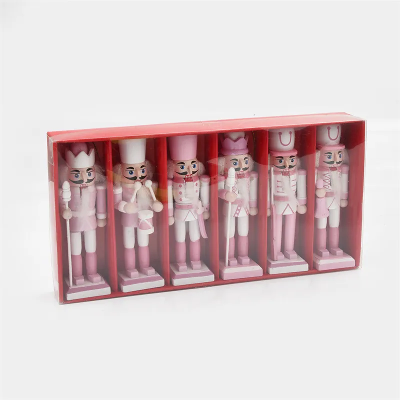 6-Delige Roze Houten Notenkraker Soldaat Ornamenten Set Voor Kerstboom Decoraties Feestbenodigdheden Decoratie