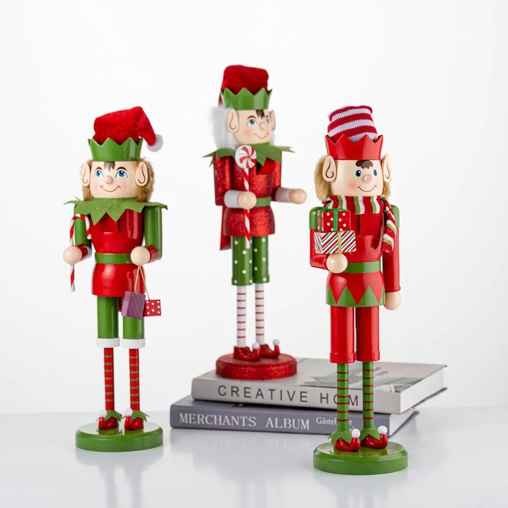 Schiaccianoci Tradizionale di Natale in Legno Elfo Decorazione da Tavolo Rosso Verde Dipinto a Mano Statuetta Ornamentale