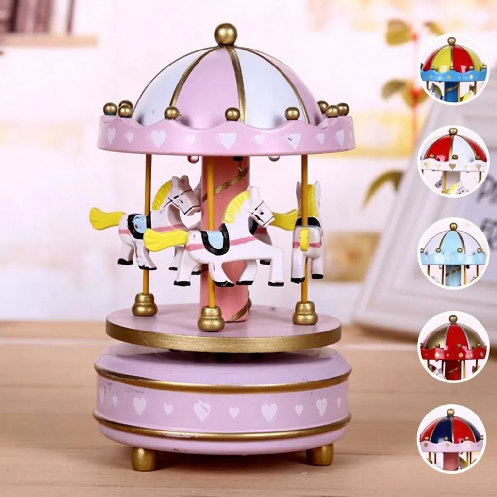Vintage Wooden Carousel Music Box Wind Up Mechanical Rotating Musical Box Horse Toy For Kids Birthday Christmas Gift Decor