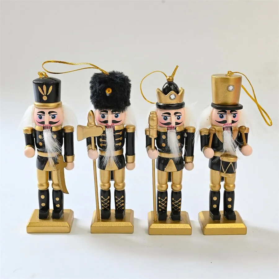 4 Piezas Cascanueces de Madera Negro Oro Soldado Ornamentos 13cm Miniaturas Figuras de Soldado de Madera para Decoración de Navidad