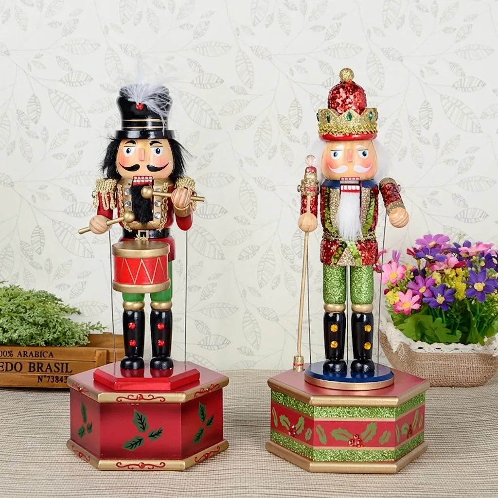 Traditional Wooden Nutcracker Mechanical Music Box Wind-up Soldier King Figurine Christmas Decoration Ornament Gift