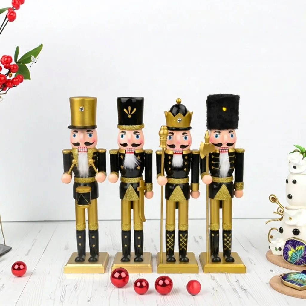 European Style Black Gold Nutcracker Soldier Wooden Ornament Christmas Festive Decoration For Living Room Home Desktop Nutcracker Figurine