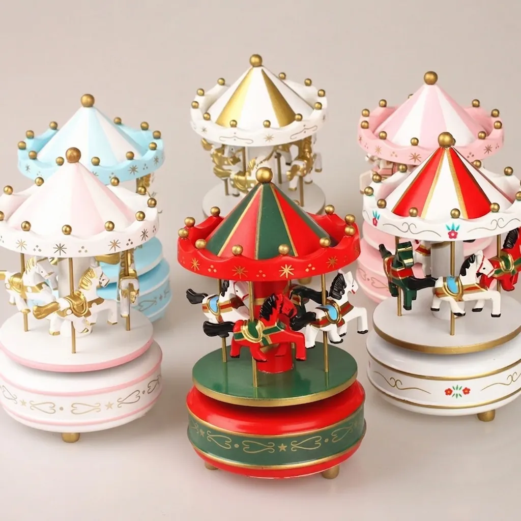 Vintage Wooden Carousel Music Box European Style Rotating Horse Musical Box Home Decor Hand Painted Craft Gift For Christmas Children