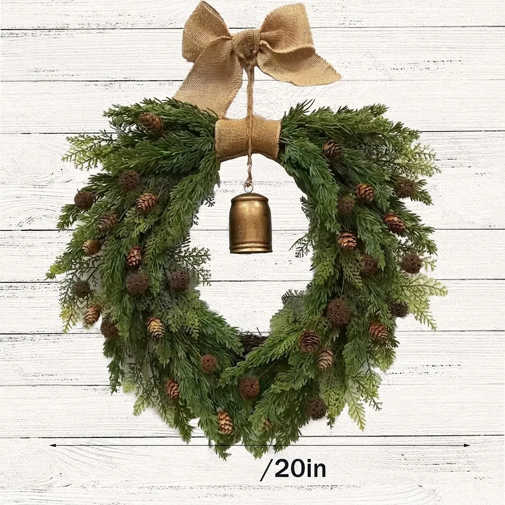 Christmas Wreath Pine Cones Metal Bell Burlap Bow Rattan Ring Artificial Pine Needle Hanging Decoration For Home Front Door Xmas Party Decor