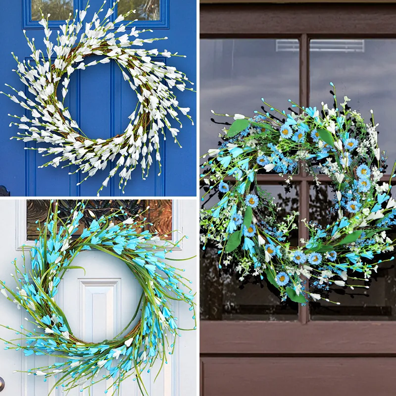 Guirnalda de Bayas Artificial Con Base de Vid Rústica Flores de Margarita Azules Blancas Para Puerta Pared Jardín Hogar