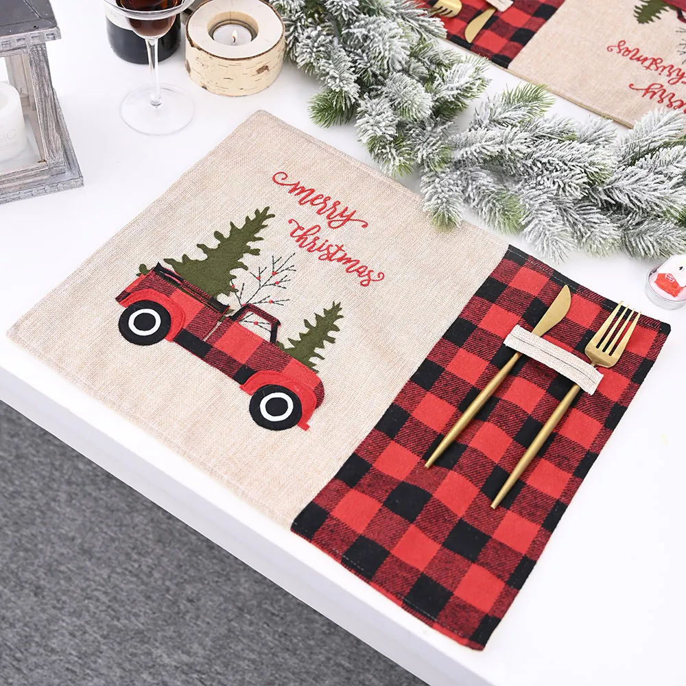 Christmas Buffalo Plaid Placemat Red Truck Pattern Linen Table Mat Holiday Dining Decor Cutlery Pocket Merry Christmas