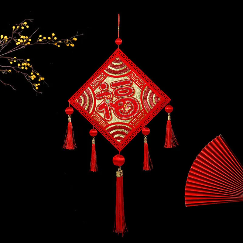 Traditional Chinese Knot Fu Character Hanging Ornament Red Gold Tassel Paper Decoration For Spring Festival New Year Home Decor