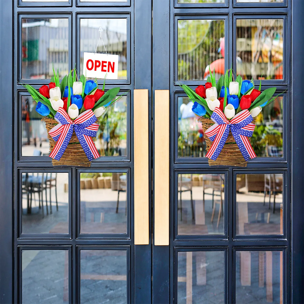 Independence Day Tulip Wall Hanging Decoration Red White Blue Artificial Flower Wreath With Patriotic Bow For Home Door Party