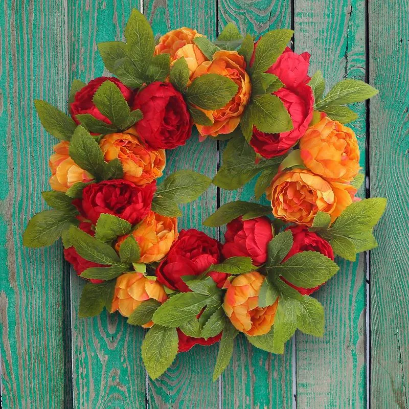 Artificial Peony Wreath Red Orange Silk Flower Garland For Front Door Wedding Party Home Wall Decoration Window Display