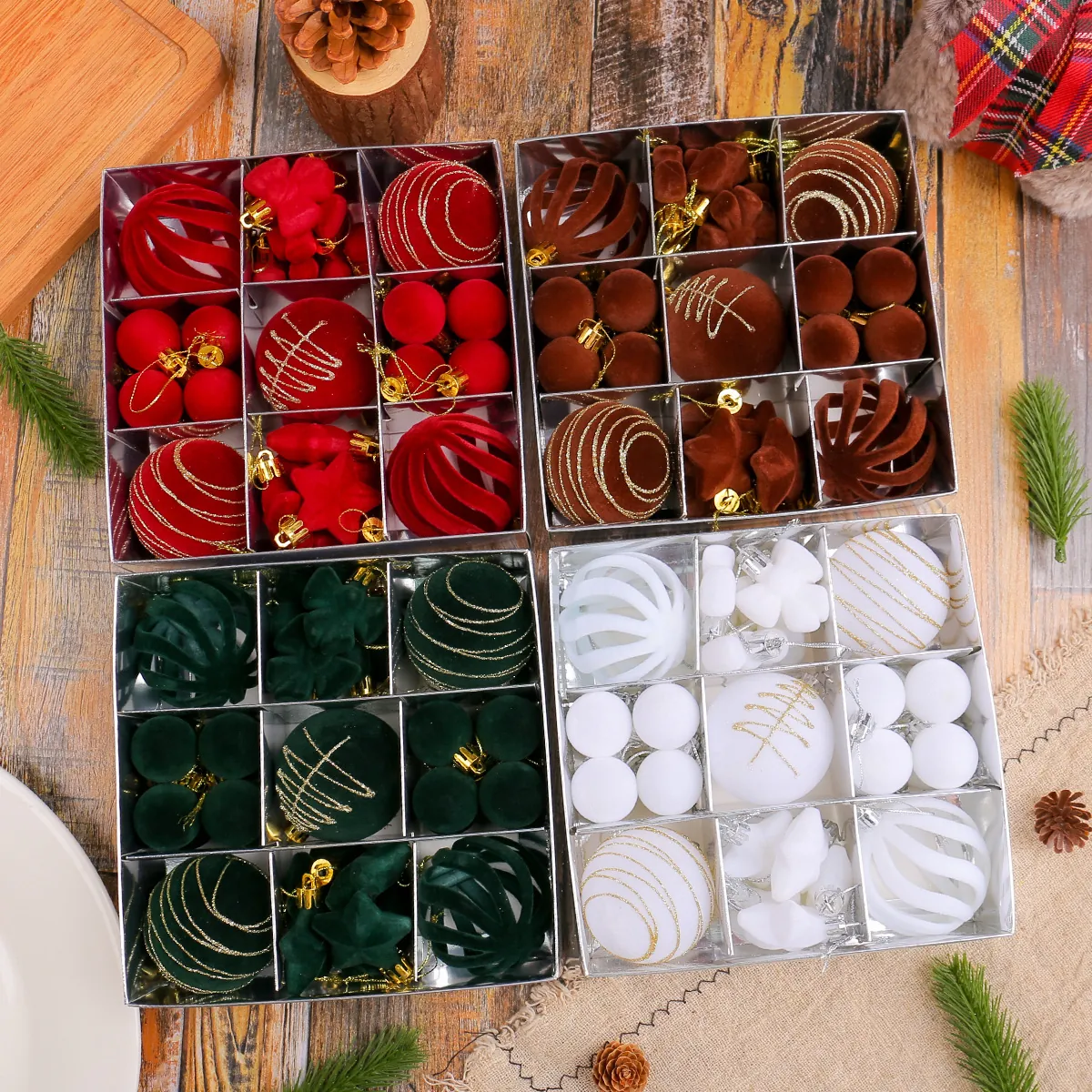 35pcs Flocked Christmas Ball Ornaments Set Plastic Xmas Tree Hanging Decorations Mixed Shapes Stars Bows Holiday Party Decor Gift Box
