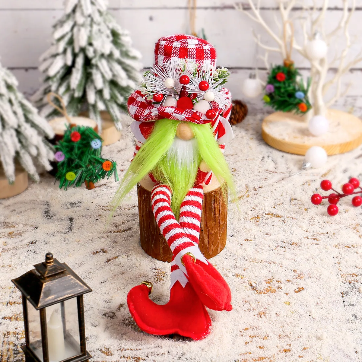 Christmas Long Legged Gnome Doll Red White Plaid Hat Green Beard Faceless Swedish Tomte Nisse Figurine Xmas Home Decor Ornament