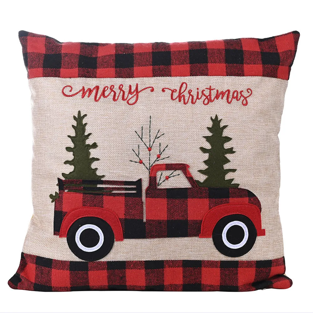 Funda de Almohada de Navidad Cuadros Buffalo Rojos y Negros Camión Funda de Cojín Decorativa Efecto Lino Poliéster Estampado Feliz Navidad