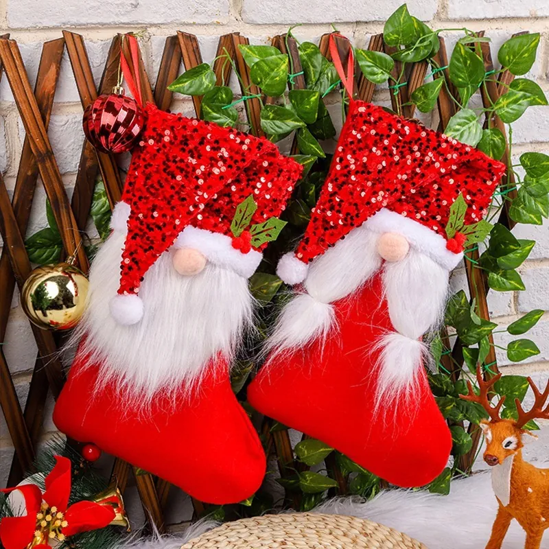 Christmas Stocking Gift Bag Sequin Gnome Faceless Old Man Hanging Ornament Candy Bag For Holiday Xmas Party Home Decoration