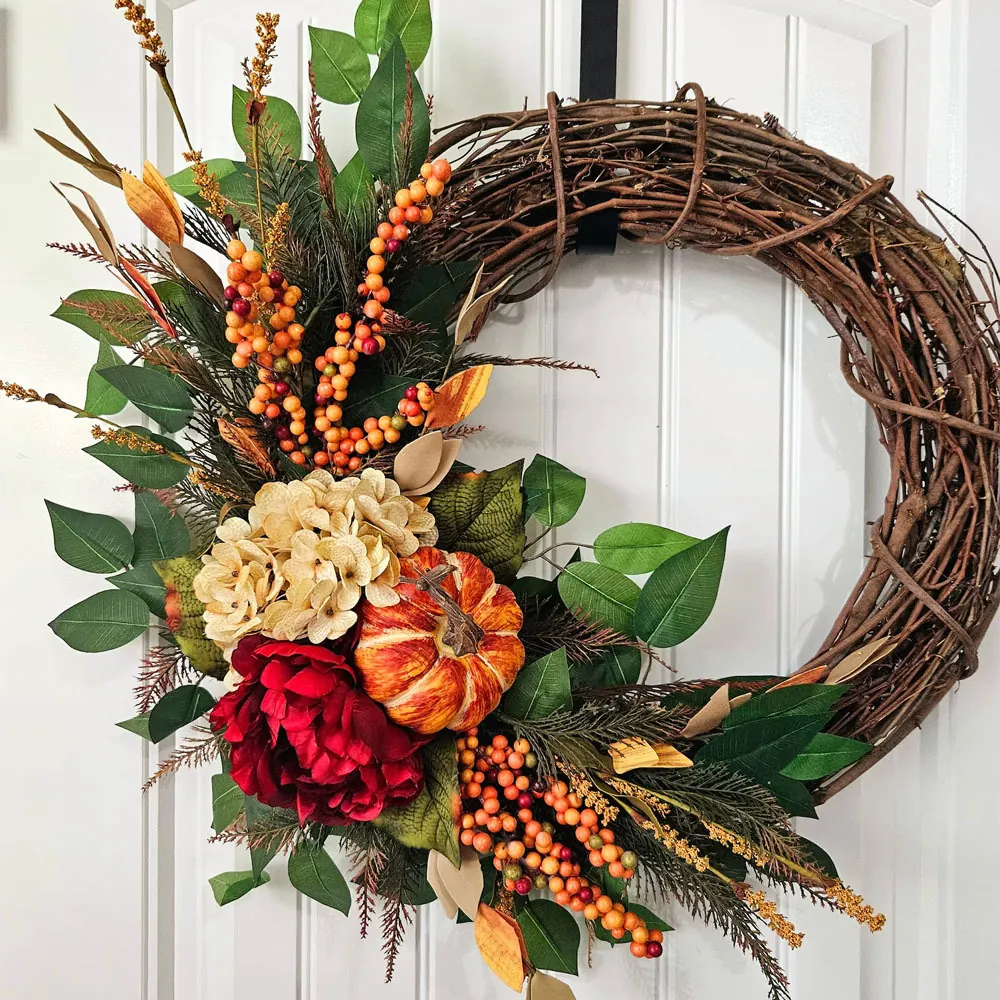 Artificial Fall Thanksgiving Wreath Red Hydrangea Pumpkin Berry Harvest Autumn Rustic Door Hanging Home Decor