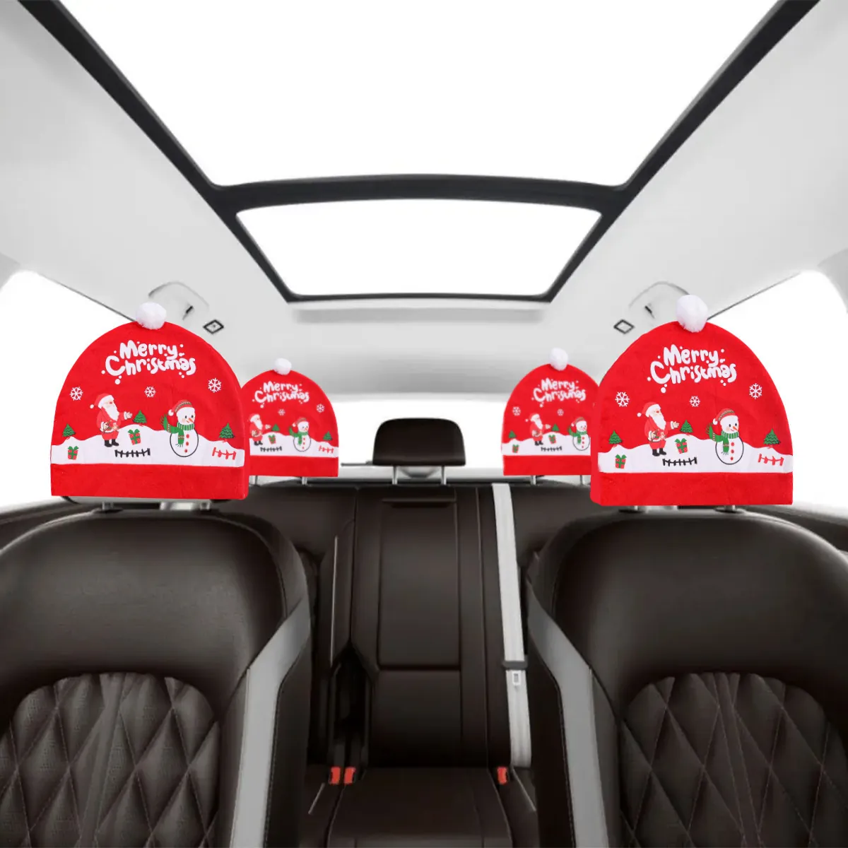 Christmas Car Seat Headrest Covers Xmas Hat Design Car Decor Santa Snowman Printed Pattern Holiday Ornament Accessories